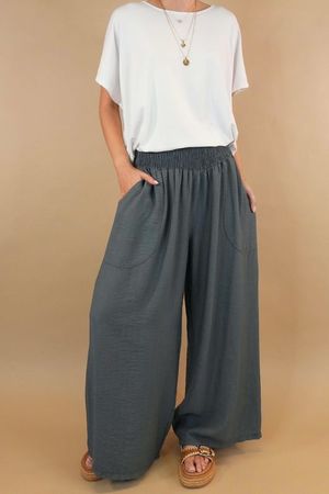 【SATIIIZ】Digo Linen Wide Banding Pants Digo Linen Wide Banded Waist Pants - satiiiz